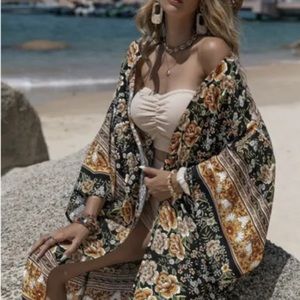Floral Print Boho Kimono Robe | Beach Coverup | Womens Festival Kimono Robe